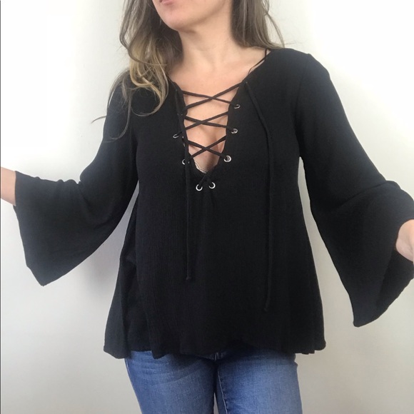 Vintage Havana Tops - VINTAGE HAVANA BLACK FRONT LACE UP BELL SLEEVE TOP